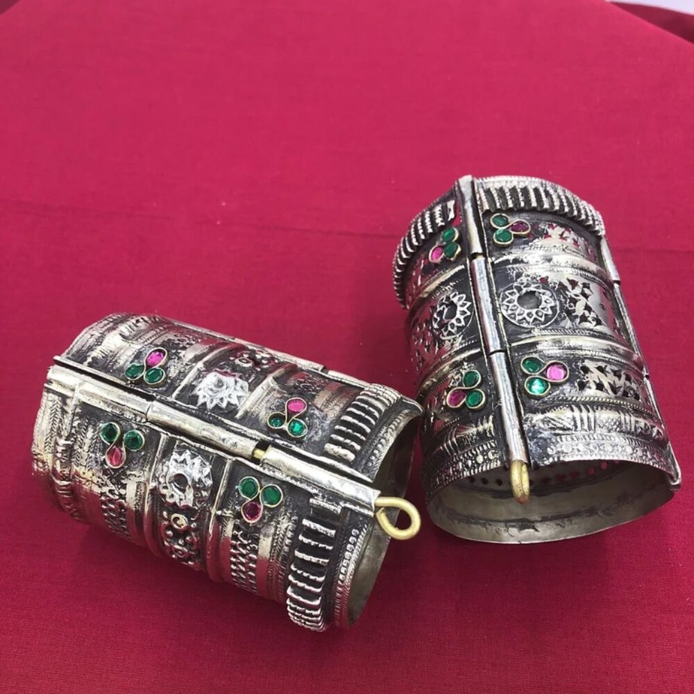 Antique Afghan Cuff Bracelet Big Tribal Handcuff With Glass Stones
